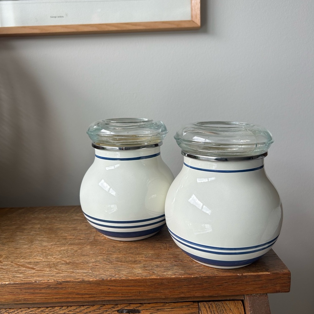 Vintage IKEA Enamel White and Blue Striped Lidded Jars